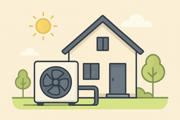 EnergieberaterVerzeichnis.de - Wärmepumpe vor einem Einfamilienhaus, natürliches Tageslicht, realistisch