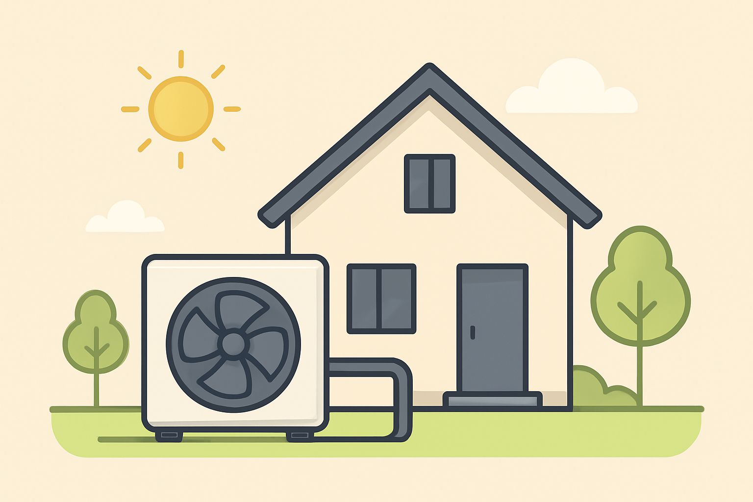 EnergieberaterVerzeichnis.de - Wärmepumpe vor einem Einfamilienhaus, natürliches Tageslicht, realistisch