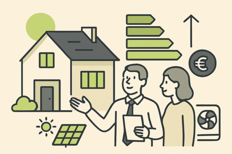 EnergieberaterVerzeichnis.de - Energieberater erklärt energetische Sanierung und Wärmepumpe vor einem Wohngebäude, freundliche EnergieberaterVerzeichnis.de - Beratungssituation, professionelle Atmosphäre