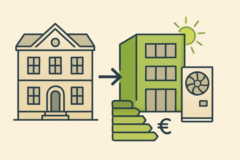 EnergieberaterVerzeichnis.de - Altbau und modernisiertes Gebäude nebeneinander mit Wärmepumpe im Vergleich, energetische Sanierung, klare visuelle Trennung