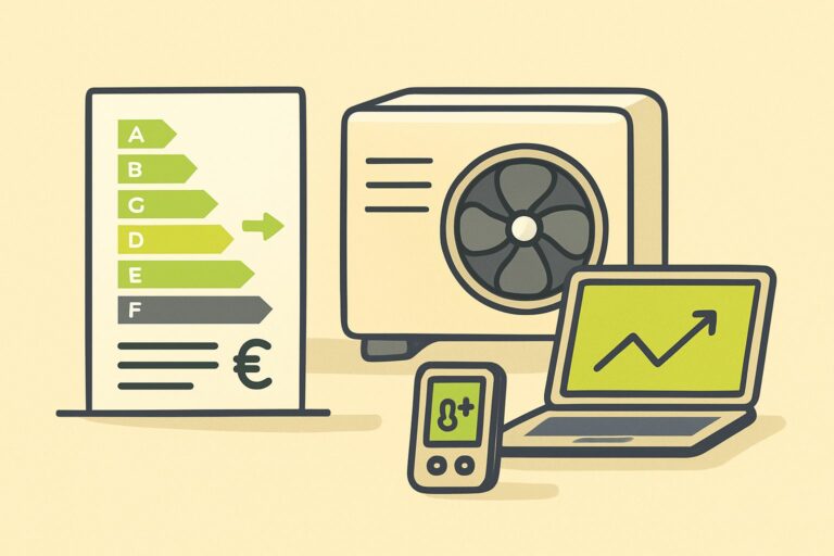 EnergieberaterVerzeichnis.de - Detailaufnahme eines Energieausweises neben einer Wärmepumpe auf einem Tisch, daneben Laptop und Messgeräte, sachlich, modern