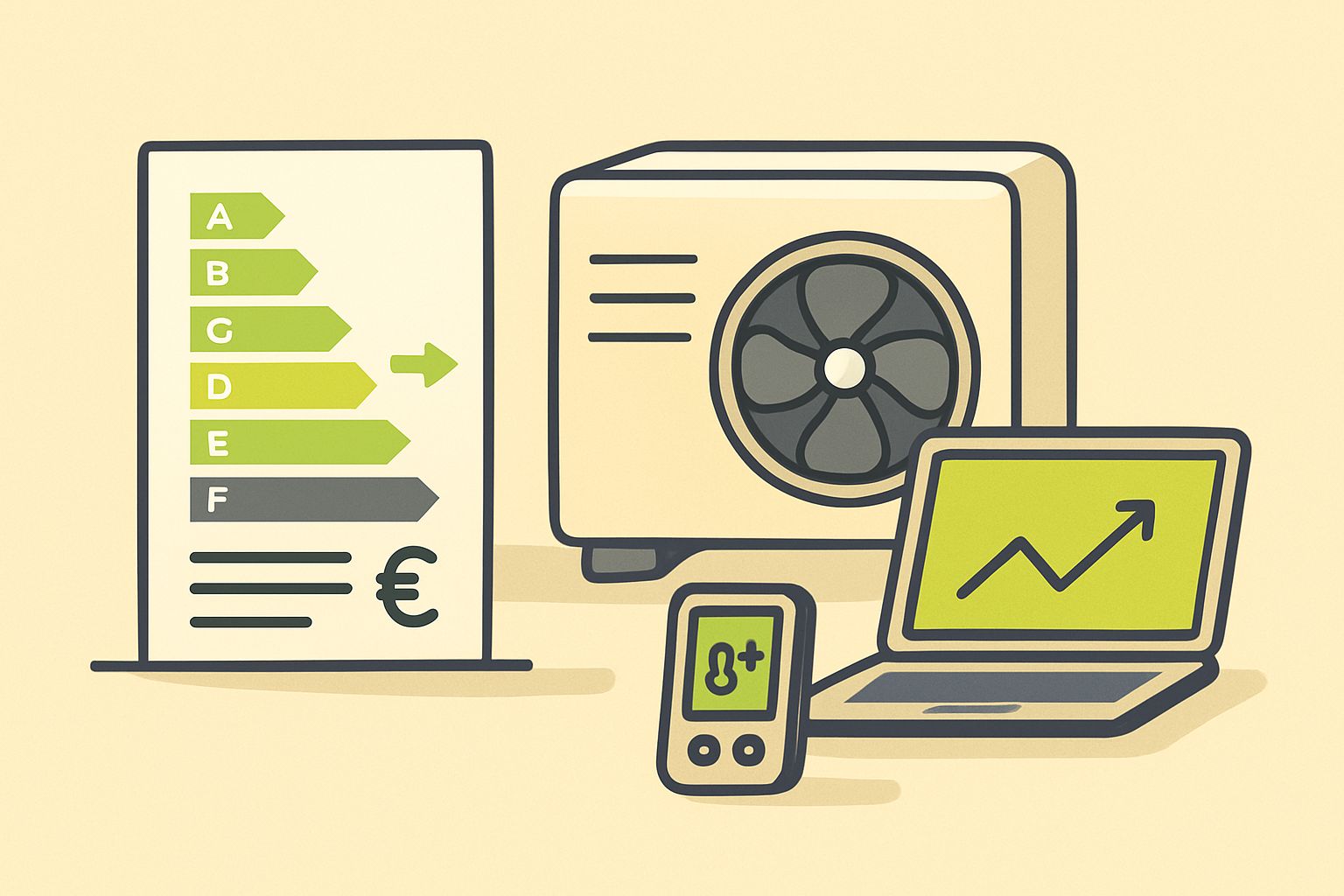 EnergieberaterVerzeichnis.de - Detailaufnahme eines Energieausweises neben einer Wärmepumpe auf einem Tisch, daneben Laptop und Messgeräte, sachlich, modern