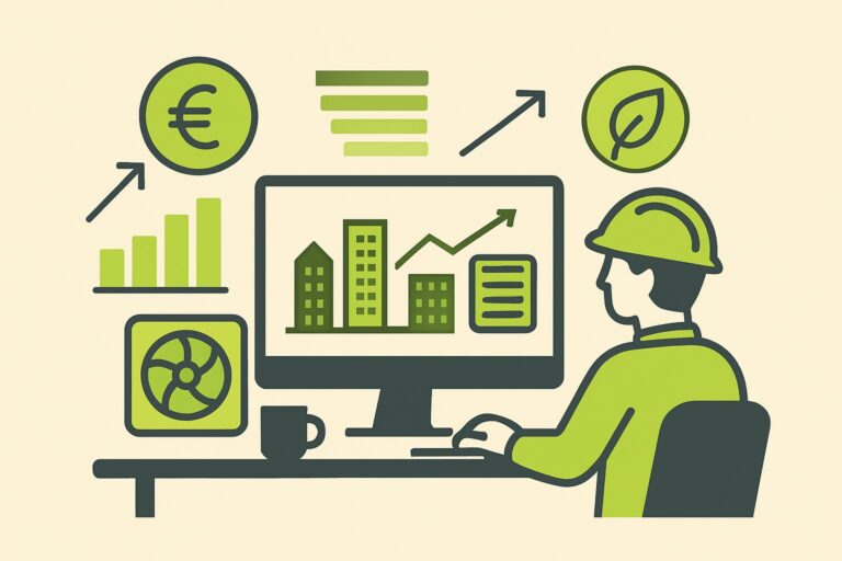 EnergieberaterVerzeichnis.de - Ingenieurhafte Arbeitsumgebung mit Fokus auf Wärmepumpe Energieeffizienz, Monitor mit Gebäudegrafiken
