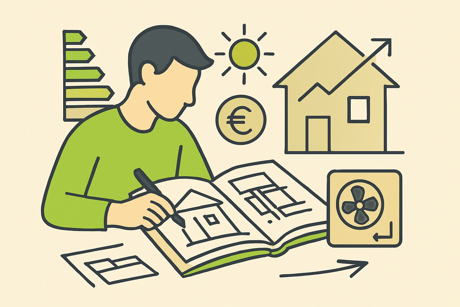 EnergieberaterVerzeichnis.de - Energieberater in Ausbildung studiert Bauphysik mit technischen Zeichnungen