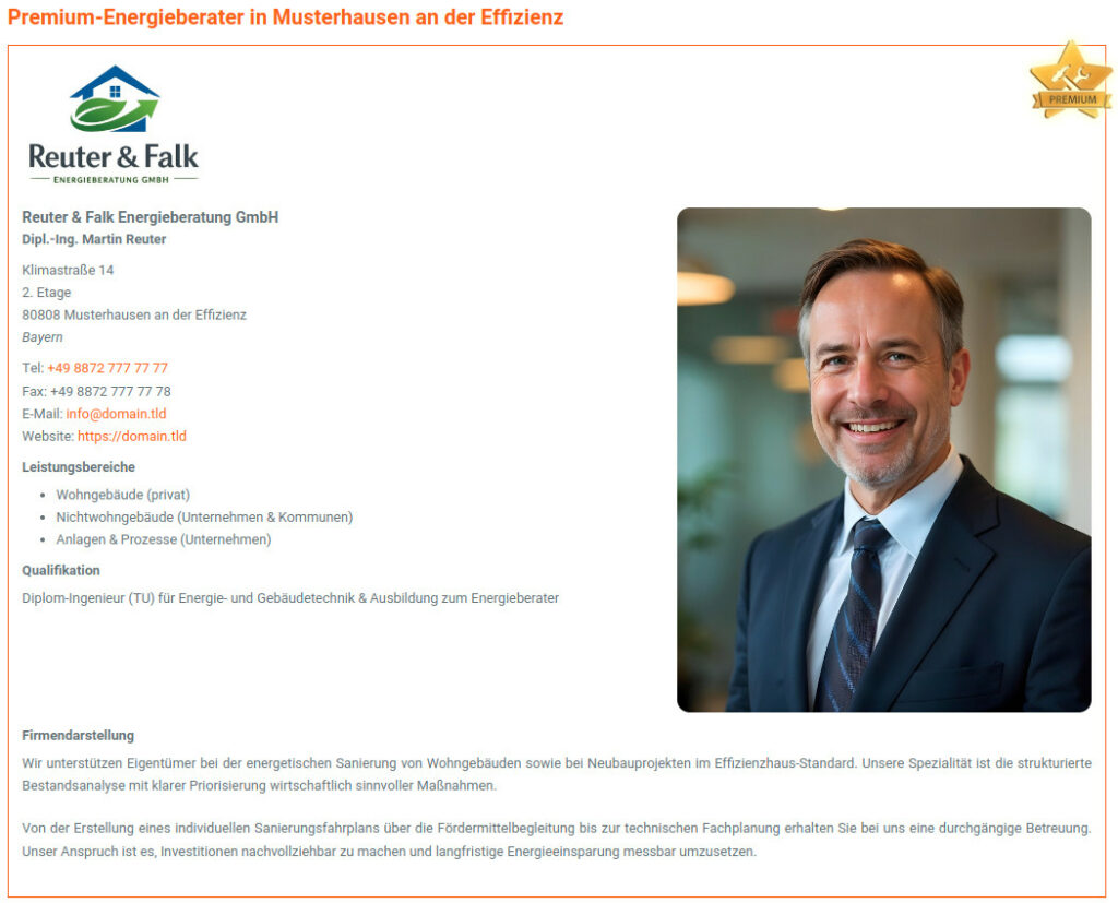 EnergieberaterVerzeichnis.de - Eigene Seite im Premium-Paket